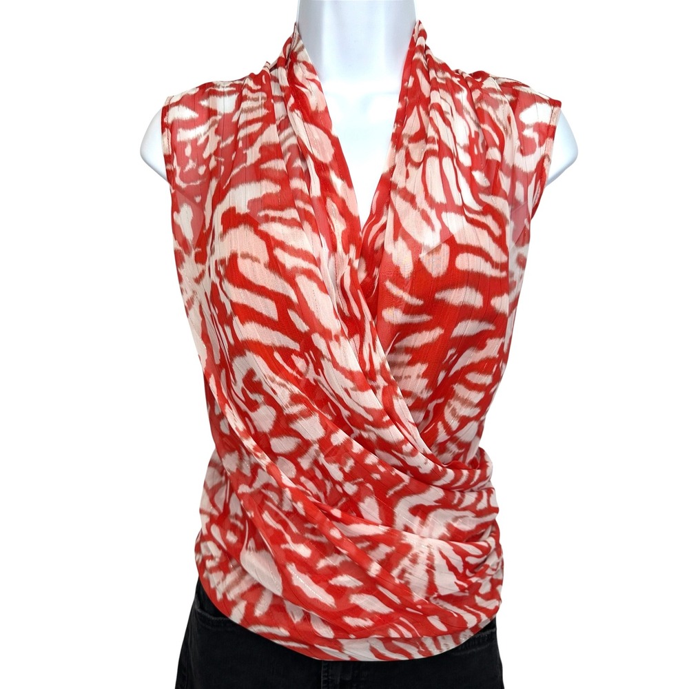 Milly Sleeveless Surplice Top Abstract Print Red Orange White Silver Size M